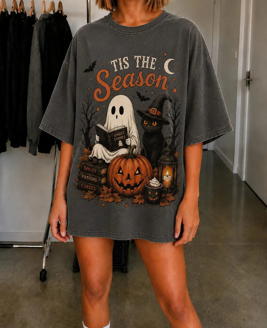 Tis The Season Halloween Shirt, Spooky Season Ghost Tee, Black Cat Pumpkin Shirt, Vintage Halloween Graphic Tee, Witchy Fall T-Shirt