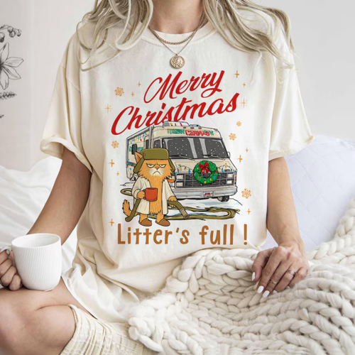 Funny Christmas Cat RV T-Shirt, “Litter’s Full” Holiday Graphic Tee, Unisex Gildan 5000 Christmas Shirt
