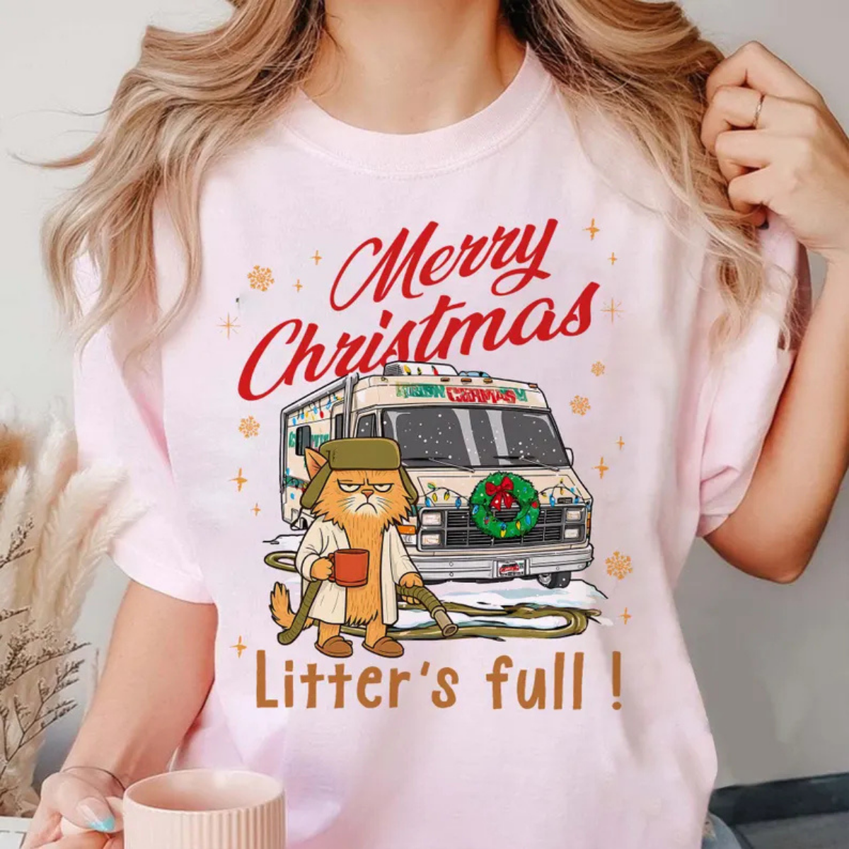 Funny Christmas Cat RV T-Shirt, “Litter’s Full” Holiday Graphic Tee, Unisex Gildan 5000 Christmas Shirt