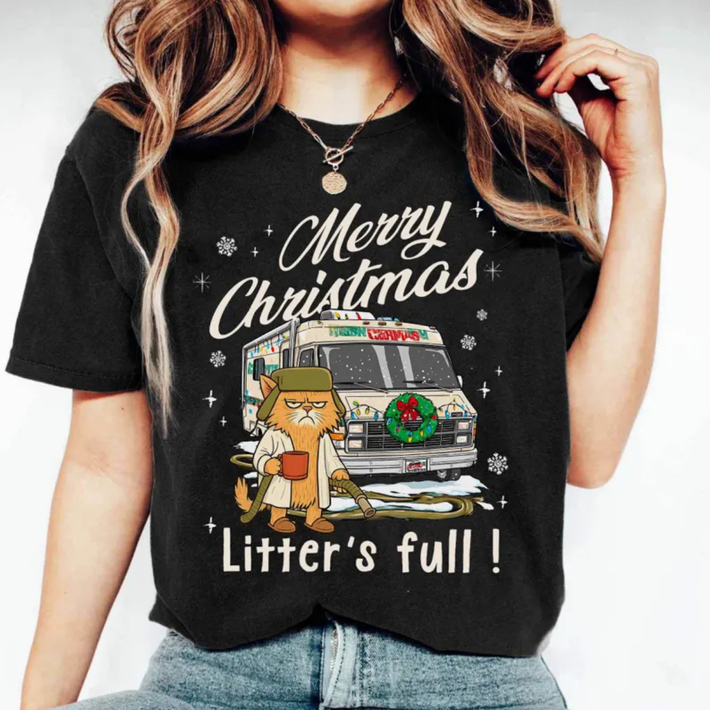 Funny Christmas Cat RV T-Shirt, “Litter’s Full” Holiday Graphic Tee, Unisex Gildan 5000 Christmas Shirt