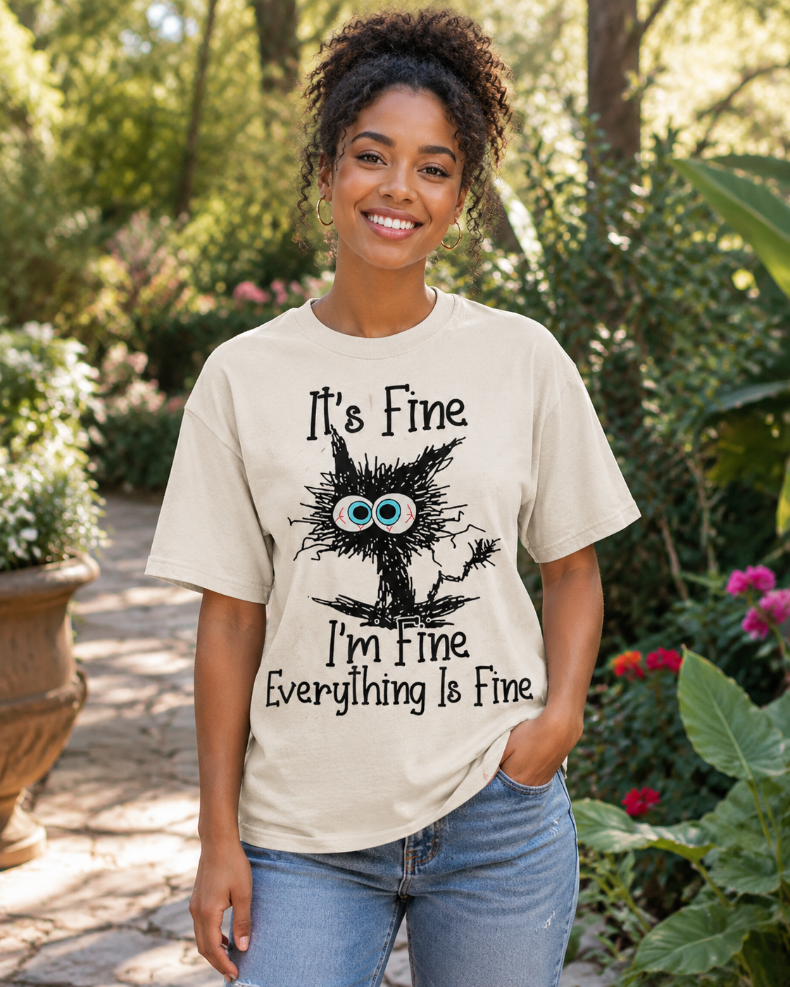 Everything Is Fine Funny Cat T-Shirt – Gildan 5000