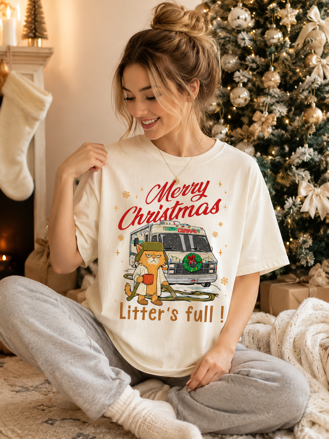 Funny Christmas Cat RV T-Shirt, “Litter’s Full” Holiday Graphic Tee, Unisex Gildan 5000 Christmas Shirt