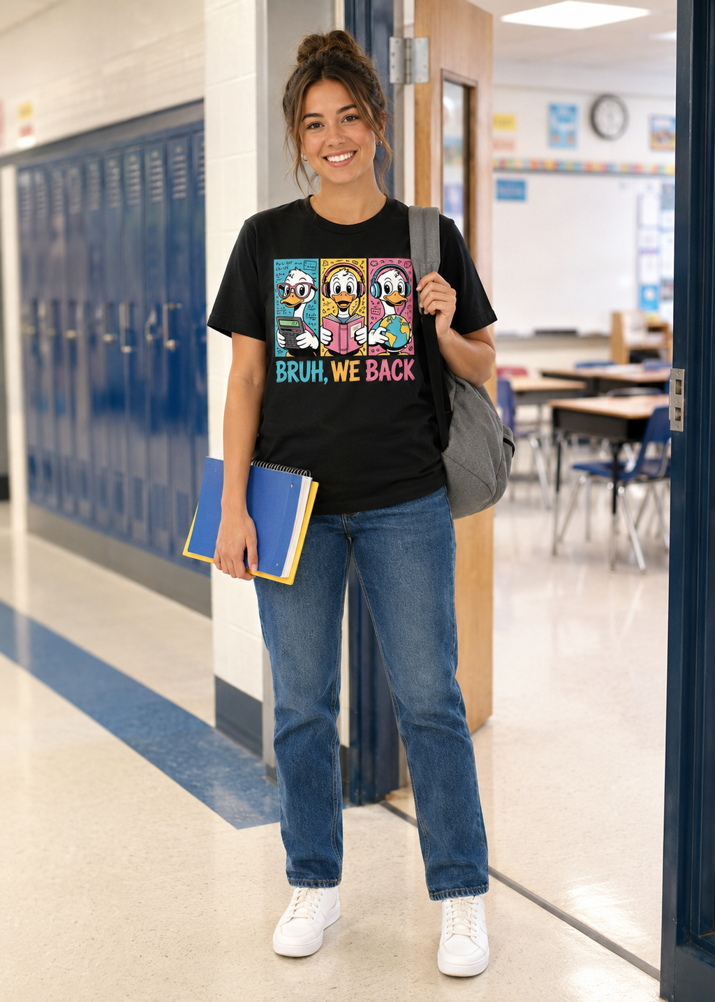 Bruh We Back Funny Duck Back to School T-Shirt, Teacher Student Graphic Tee, Gildan 5000 Unisex Shirt