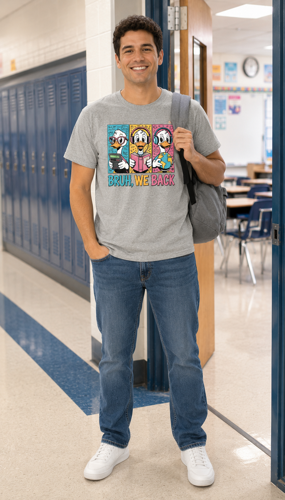 Bruh We Back Funny Duck Back to School T-Shirt, Teacher Student Graphic Tee, Gildan 5000 Unisex Shirt