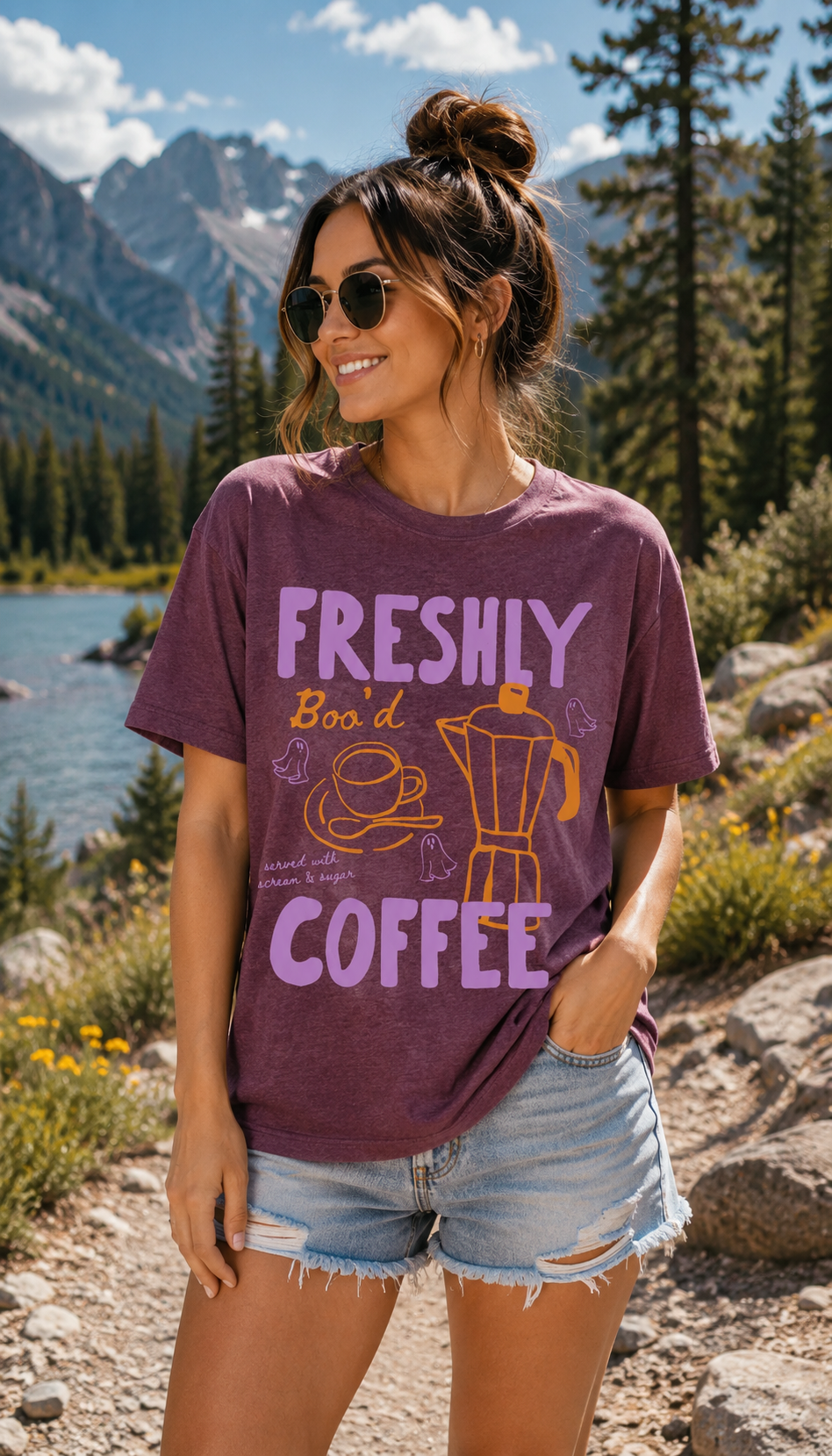 A woman wearing a purple graphic t-shirt with the text 'FRESHLY BORED COFFEE' in lavender and orange, paired with denim shorts, standing outdoors in front of a mountain lake landscape.