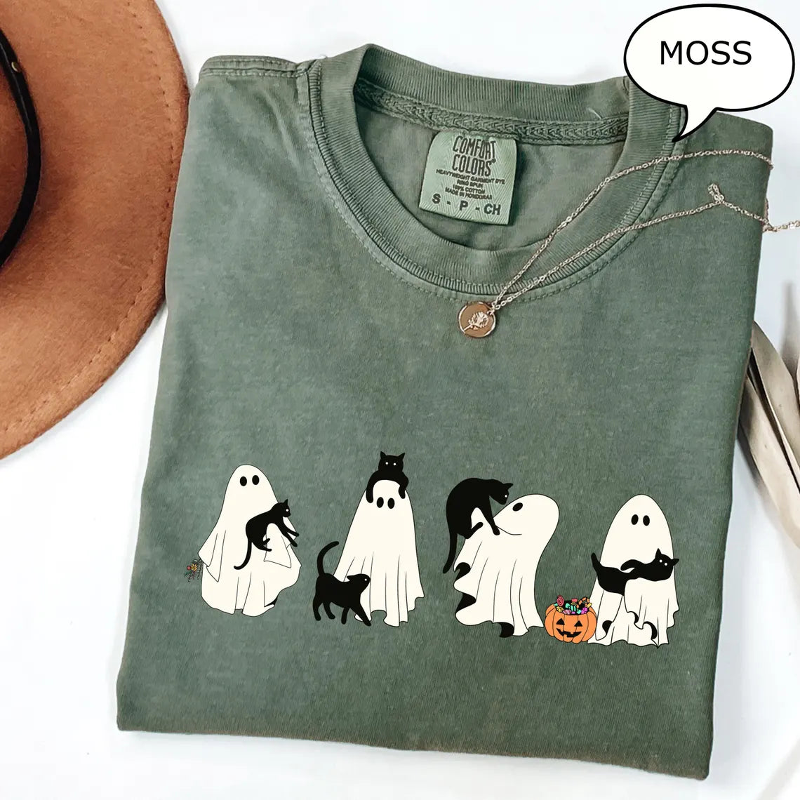GILDAN5000 Ghost And Cat T-Shirt, Halloween Ghost Shirt, Halloween Cat Shirt, Cat Lower Halloween Gift, Spooky Season Cat Shirt