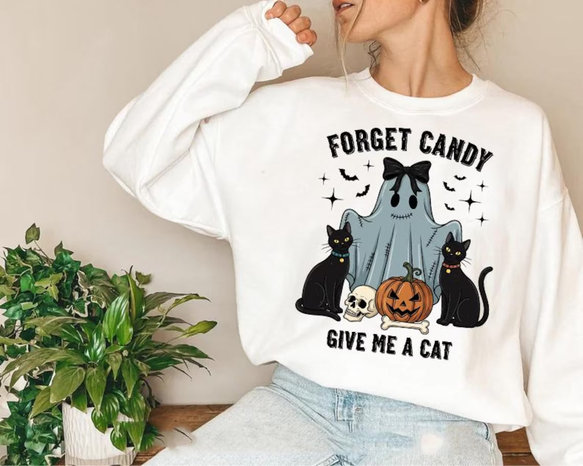 Forget Candy Give Me a Cat Halloween Sweatshirt for Women - Cute Ghost with Black Cats Pumpkin and Skull Graphic TShirt, Cat lover halloween
