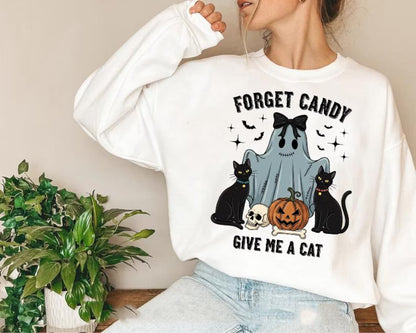 Forget Candy Give Me a Cat Halloween Sweatshirt for Women - Cute Ghost with Black Cats Pumpkin and Skull Graphic TShirt, Cat lover halloween