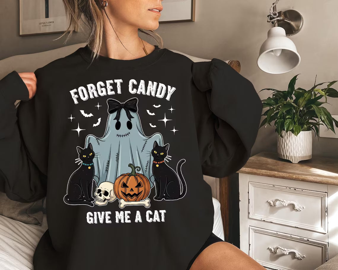 Forget Candy Give Me a Cat Halloween Sweatshirt for Women - Cute Ghost with Black Cats Pumpkin and Skull Graphic TShirt, Cat lover halloween