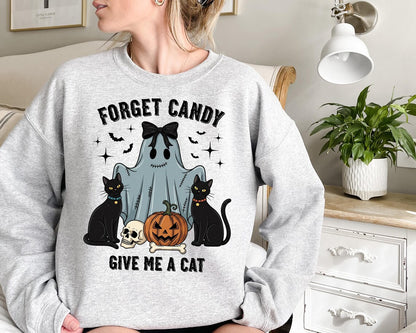 Forget Candy Give Me a Cat Halloween Sweatshirt for Women - Cute Ghost with Black Cats Pumpkin and Skull Graphic TShirt, Cat lover halloween