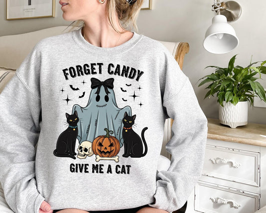 Forget Candy Give Me a Cat Halloween Sweatshirt for Women - Cute Ghost with Black Cats Pumpkin and Skull Graphic TShirt, Cat lover halloween