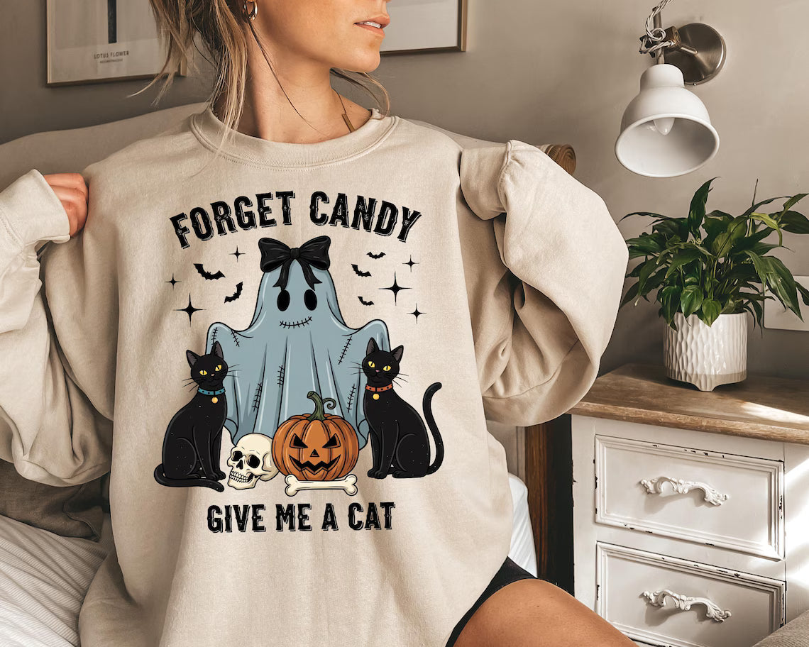 Forget Candy Give Me a Cat Halloween Sweatshirt for Women - Cute Ghost with Black Cats Pumpkin and Skull Graphic TShirt, Cat lover halloween