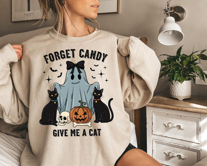 Forget Candy Give Me a Cat Halloween Sweatshirt for Women - Cute Ghost with Black Cats Pumpkin and Skull Graphic TShirt, Cat lover halloween