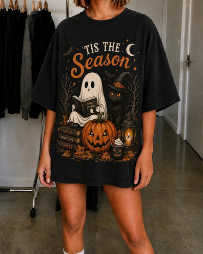 Tis The Season Halloween Shirt, Spooky Season Ghost Tee, Black Cat Pumpkin Shirt, Vintage Halloween Graphic Tee, Witchy Fall T-Shirt