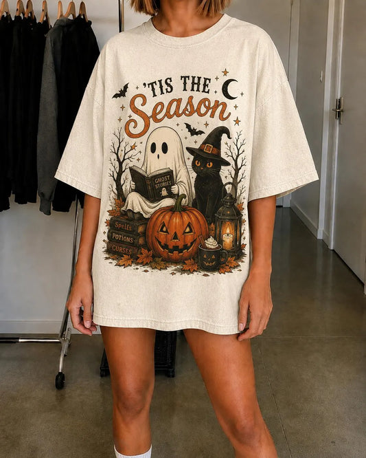Tis The Season Halloween Shirt, Spooky Season Ghost Tee, Black Cat Pumpkin Shirt, Vintage Halloween Graphic Tee, Witchy Fall T-Shirt